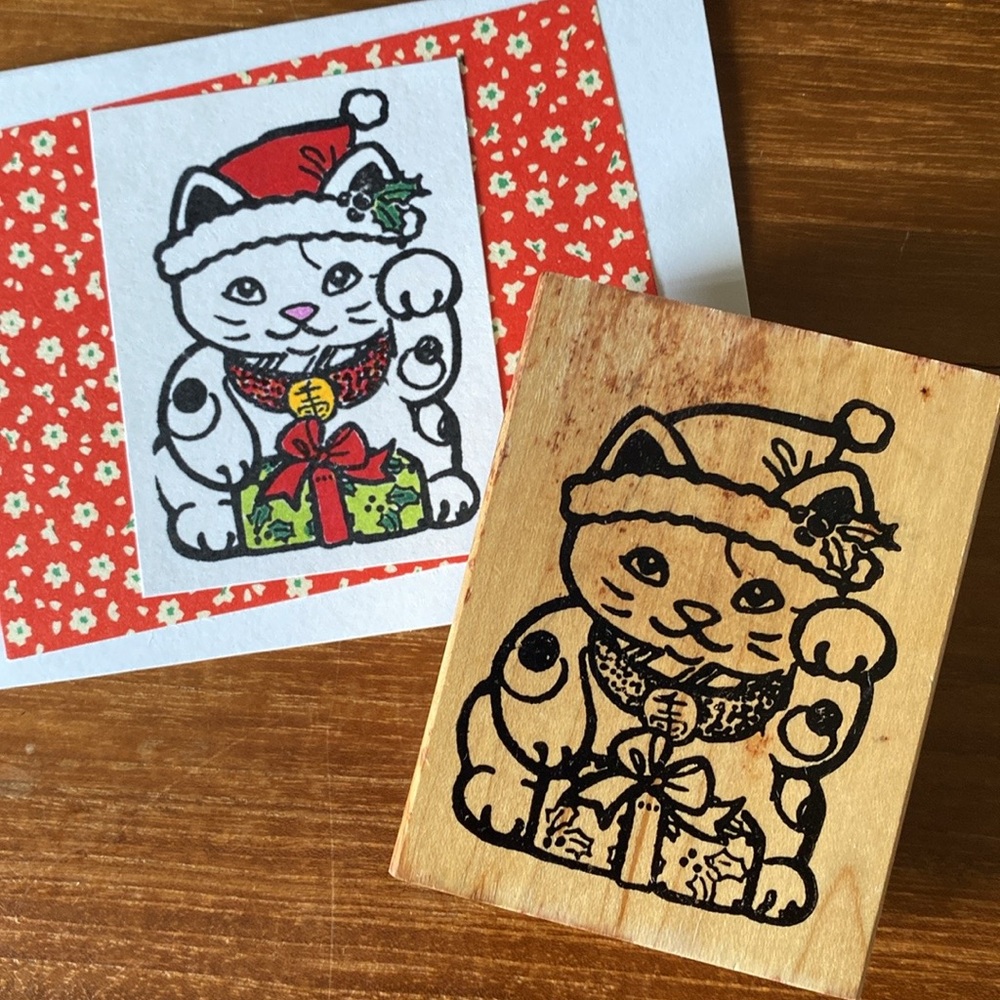 Christmas “Maneki Neko” (Japanese Lucky Cat) Rubber Stamp